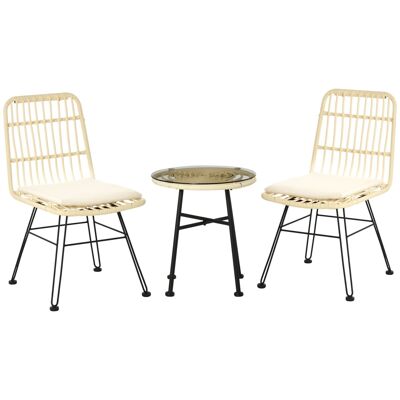 Exotic style 2-seater 3-piece garden bistro set 2 chairs + round coffee table black epoxy metal beige braided resin