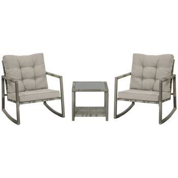 Ensemble de jardin 3 pièces 2 fauteuils à bascule table basse coussins inclus métal époxy résine tressée PE polyester gris 1