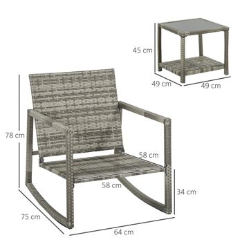 Ensemble de jardin 3 pièces 2 fauteuils à bascule table basse coussins inclus métal époxy résine tressée PE polyester gris 3