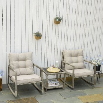Ensemble de jardin 3 pièces 2 fauteuils à bascule table basse coussins inclus métal époxy résine tressée PE polyester gris 4