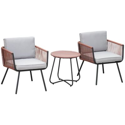 2-Sitzer-Garten-Bistro-Set im modernen Stil, 3-teilig, graue Kissen, schwarze Epoxidstahldrähte, Kunstharz-Rattan-Optik