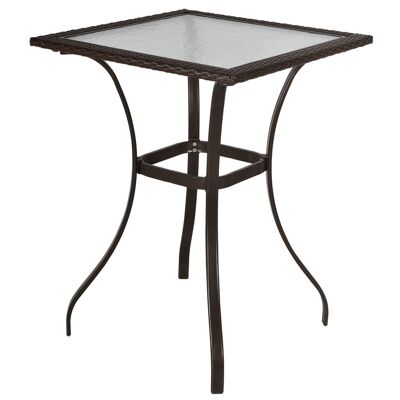 Square garden bistro table dim. 72L X 72W x 94H cm epoxy metal braided resin chocolate tempered glass top