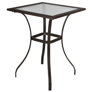 Table carrée bistro de jardin dim. 72L X 72l x 94H cm métal époxy résine tressée chocolat plateau verre trempé 1