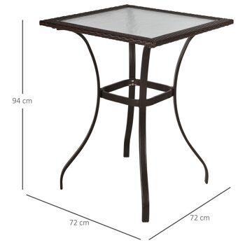 Table carrée bistro de jardin dim. 72L X 72l x 94H cm métal époxy résine tressée chocolat plateau verre trempé 3