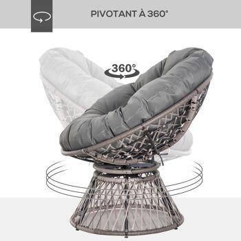 Fauteuil rond de jardin fauteuil papasan pivotant grand confort Ø 97 x 86H cm grand coussin fourni polyester résine tressée gris 4