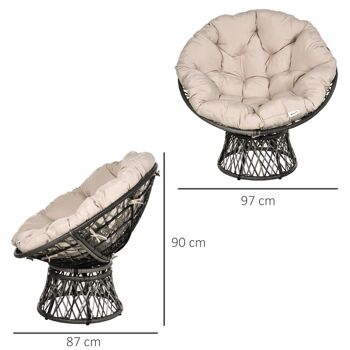 Fauteuil rond de jardin fauteuil papasan pivotant grand confort Ø 97 x 90H cm grand coussin fourni polyester résine tressée crème 3