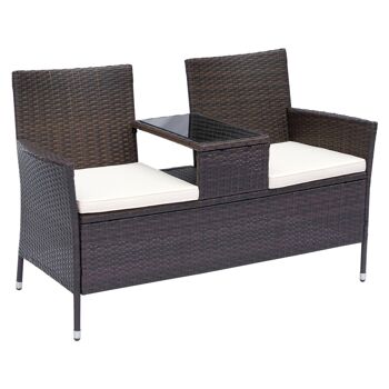 Banc de jardin design contemporain 133L x 63l x 84H cm banc double chaise avec coussins assise + tablette intégrée résine tressée 1