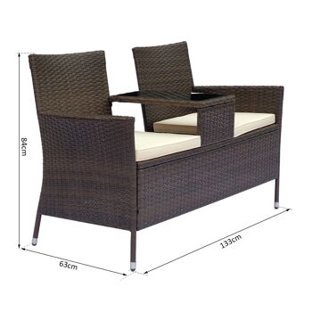 Banc de jardin design contemporain 133L x 63l x 84H cm banc double chaise avec coussins assise + tablette intégrée résine tressée 3