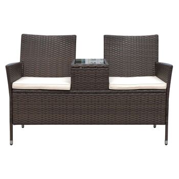 Banc de jardin design contemporain 133L x 63l x 84H cm banc double chaise avec coussins assise + tablette intégrée résine tressée 4