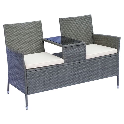 Banc de jardin design contemporain 133L x 63l x 84H cm banc double chaise avec coussins assise + tablette intégrée résine tressée grise polyester crème