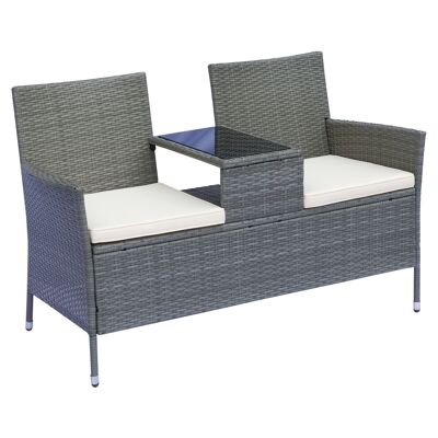 Banco de jardín de diseño moderno 133L x 63W x 84H cm banco de silla doble con cojines de asiento + estante integrado gris resina trenzada poliéster crema