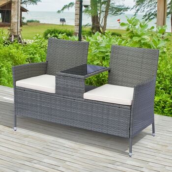 Banc de jardin design contemporain 133L x 63l x 84H cm banc double chaise avec coussins assise + tablette intégrée résine tressée grise polyester crème 2