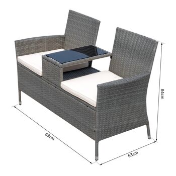 Banc de jardin design contemporain 133L x 63l x 84H cm banc double chaise avec coussins assise + tablette intégrée résine tressée grise polyester crème 3