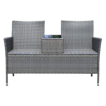 Banc de jardin design contemporain 133L x 63l x 84H cm banc double chaise avec coussins assise + tablette intégrée résine tressée grise polyester crème 4