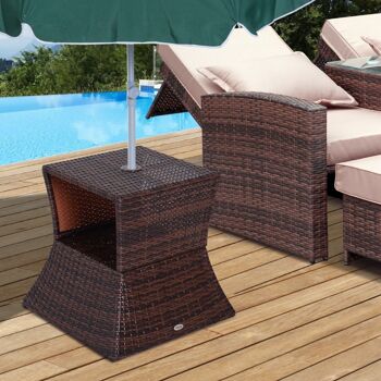 Pied de parasol table basse 2 en 1 étagère inférieure intégrée résine tressée imitation rotin PE dim. 54L x 54l x 55H cm marron 2