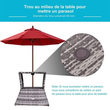 Pied de parasol table basse 2 en 1 étagère inférieure intégrée résine tressée imitation rotin PE dim. 54L x 54l x 55H cm gris 5