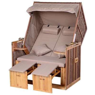 Outsunny Foldable 2-seater beach basket - Tilting beach cabin - strandkorb beach shelter - cushions, footrests, shelves, sunshade - taupe polyester resin wicker wood