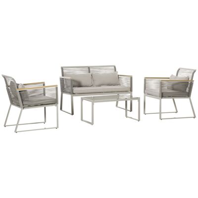 Contemporary design garden furniture set, yachting style, 4 seats, wooden armrests, cushions included, coffee table, epoxy metal, gray braided resin