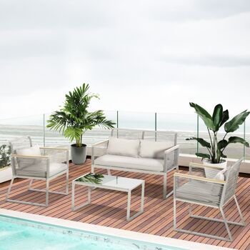 Ensemble salon de jardin design contemporain style yachting 4 places accoudoirs bois coussins inclus table basse métal époxy résine tressée gris 2