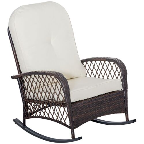 Fauteuil à bascule rocking chair intérieur extérieur en résine tressée avec coussins moelleux - dim. 75L x 103P x 96H cm - marron crème