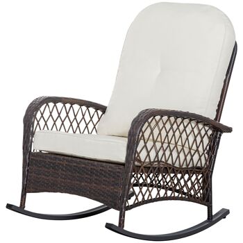 Fauteuil à bascule rocking chair intérieur extérieur en résine tressée avec coussins moelleux - dim. 75L x 103P x 96H cm - marron crème 4