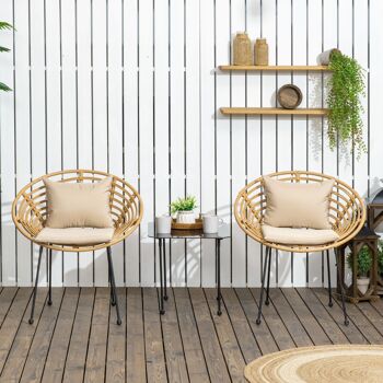 Lot de 2 chaises de jardin style colonial coussins beige inclus résine tressée et filaire aspect rotin 4