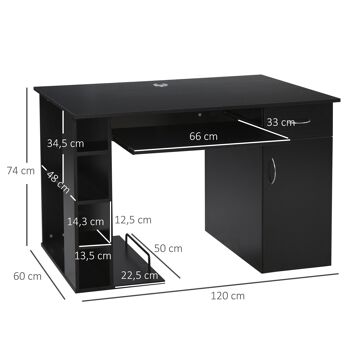 Bureau informatique multimédia multi-rangements avec étagère tiroir tablette clavier MDF 120 x 60 x 74 cm noir 3