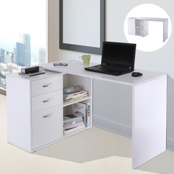 Bureau d'angle bureau droit modulable 2 en 1 bureau informatique tiroirs x 3 + 2 niches MDF blanc 2