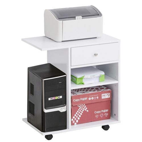 HOMCOM Support d'imprimante organiseur bureau caisson 2 niches tiroir espace CPU + grand plateau panneaux particules blanc