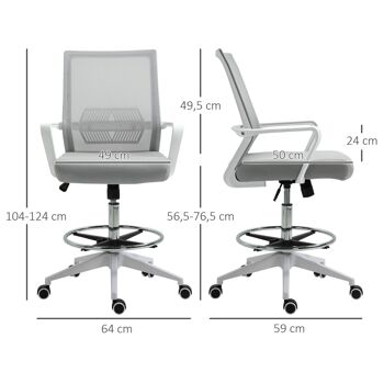 Fauteuil de bureau chaise de bureau assise haute réglable dim. 64L x 59l x 104-124H cm pivotant 360° maille respirante gris 3