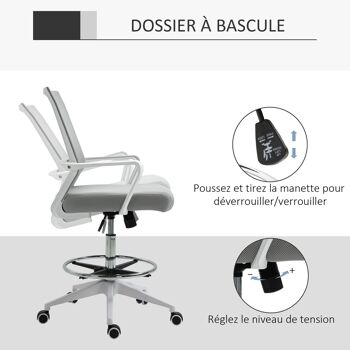 Fauteuil de bureau chaise de bureau assise haute réglable dim. 64L x 59l x 104-124H cm pivotant 360° maille respirante gris 4