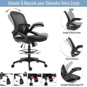 Fauteuil de bureau chaise de bureau assise haute réglable dim. 64L x 60l x 106-126H cm pivotant 360° maille respirante noir 4