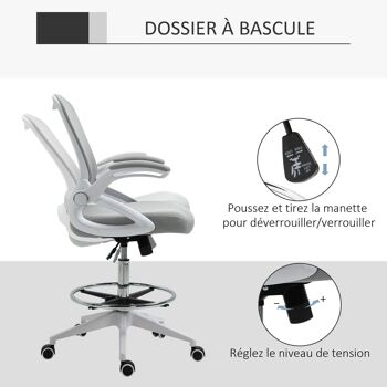 Fauteuil de bureau chaise de bureau assise haute réglable dim. 64L x 60l x 106-126H cm pivotant 360° maille respirante gris 4