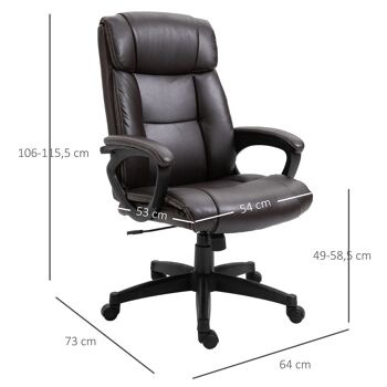 HOMCOM Fauteuil de bureau chaise de bureau ergonomique réglable roulettes pivotant 360° revêtement synthétique PU 64 x 73 x 106-115,5 cm chocolat 3