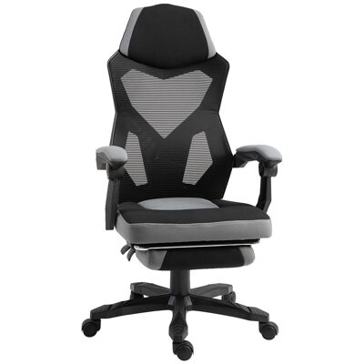 HOMCOM Gaming-Sessel, Gaming-Stuhl, Rückenlehne und höhenverstellbare, drehbare Räder, Fußstütze, schwarz-graues Netzgewebe