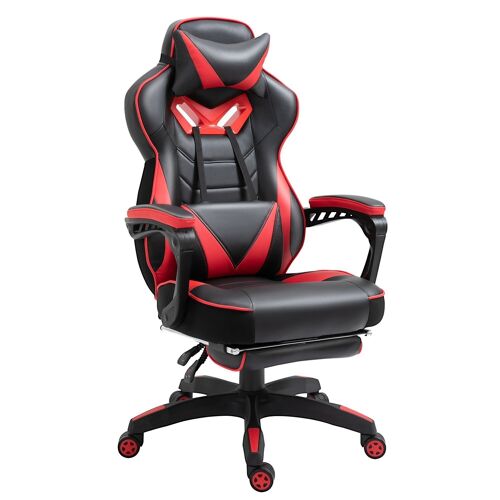 Vinsetto Fauteuil de bureau gamer style baquet racing - pivotant, inclinable - coussin lombaire, tétière, repose-pieds inclus - revêtement synthétique rouge noir