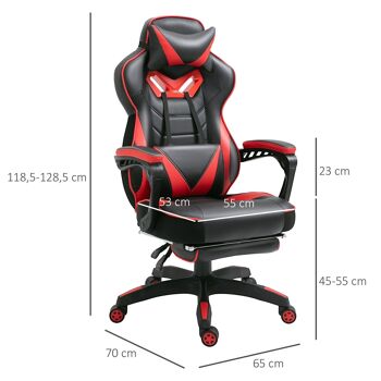 Vinsetto Fauteuil de bureau gamer style baquet racing - pivotant, inclinable - coussin lombaire, tétière, repose-pieds inclus - revêtement synthétique rouge noir 3