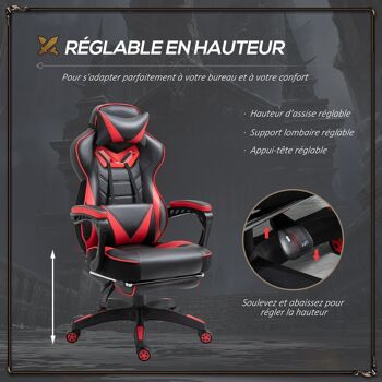 Vinsetto Fauteuil de bureau gamer style baquet racing - pivotant, inclinable - coussin lombaire, tétière, repose-pieds inclus - revêtement synthétique rouge noir 5