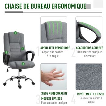 HOMCOM Fauteuil de bureau à roulettes chaise manager ergonomique pivotante hauteur réglable lin gris foncé 4