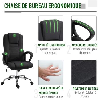 HOMCOM Fauteuil de bureau à roulettes chaise manager ergonomique pivotante hauteur réglable lin noir 4