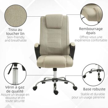 Fauteuil de bureau à roulettes chaise manager ergonomique pivotante hauteur réglable lin beige 4