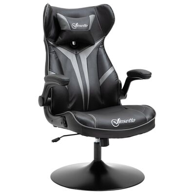 Vinsetto Gaming-Sessel, runde Metallbasis, 360° drehbar, höhenverstellbar, Kopfstütze, verstellbare Armlehnen, PVC, grau, schwarz