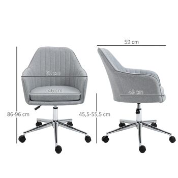HOMCOM Chaise de bureau design contemporain dossier accoudoirs striés hauteur réglable pivotant 360° piètement chromé lin gris clair 3