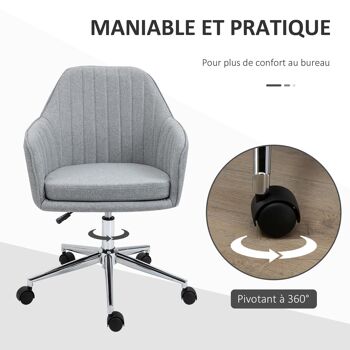 HOMCOM Chaise de bureau design contemporain dossier accoudoirs striés hauteur réglable pivotant 360° piètement chromé lin gris clair 5