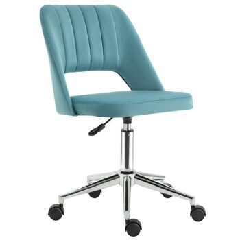 Chaise de bureau design contemporain dossier ergonomique ajouré strié hauteur réglable pivotante 360° piètement chromé velours bleu canard 1