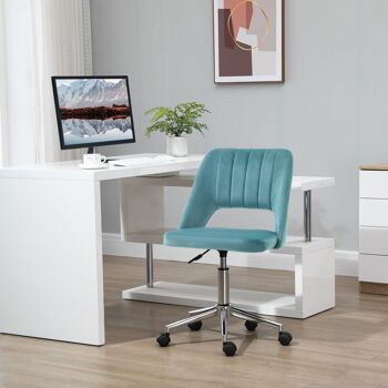 Chaise de bureau design contemporain dossier ergonomique ajouré strié hauteur réglable pivotante 360° piètement chromé velours bleu canard 2
