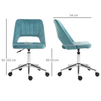 Chaise de bureau design contemporain dossier ergonomique ajouré strié hauteur réglable pivotante 360° piètement chromé velours bleu canard 3