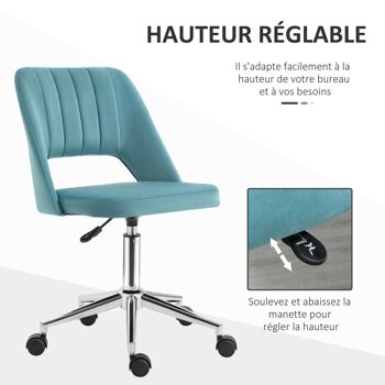 Chaise de bureau design contemporain dossier ergonomique ajouré strié hauteur réglable pivotante 360° piètement chromé velours bleu canard 4