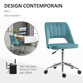 Chaise de bureau design contemporain dossier ergonomique ajouré strié hauteur réglable pivotante 360° piètement chromé velours bleu canard 5
