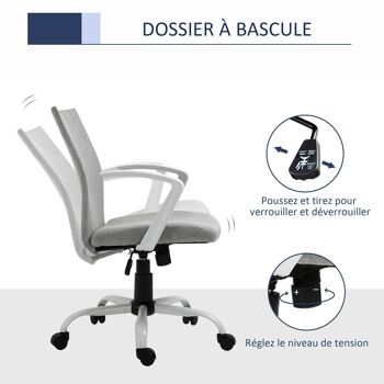 Vinsetto Chaise de bureau ergonomique hauteur réglable pivotante 360° piètement acier blanc lin gris clair 5